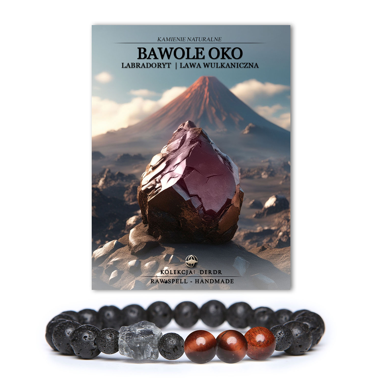 Elegancka bransoletka z kolekcji Derdr z wykorzystaniem bawolego oka, labradorytu oraz lawy wulkanicznej - unisex, dla każdego miłośnika oryginalnej biżuterii.