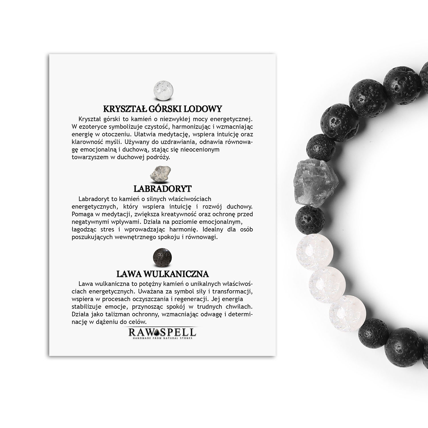 Bransoletka Derdr z Kryształem Górskim, Labradorytem i Lawą Wulkaniczną. Przepiękne kamienie naturalne dla każdego Elegancka bransoletka z kolekcji Derdr, z połączeniem kryształu górskiego lodowego, labradorytu i lawy wulkanicznej, odpowiednia dla kobiet i mężczyzn.