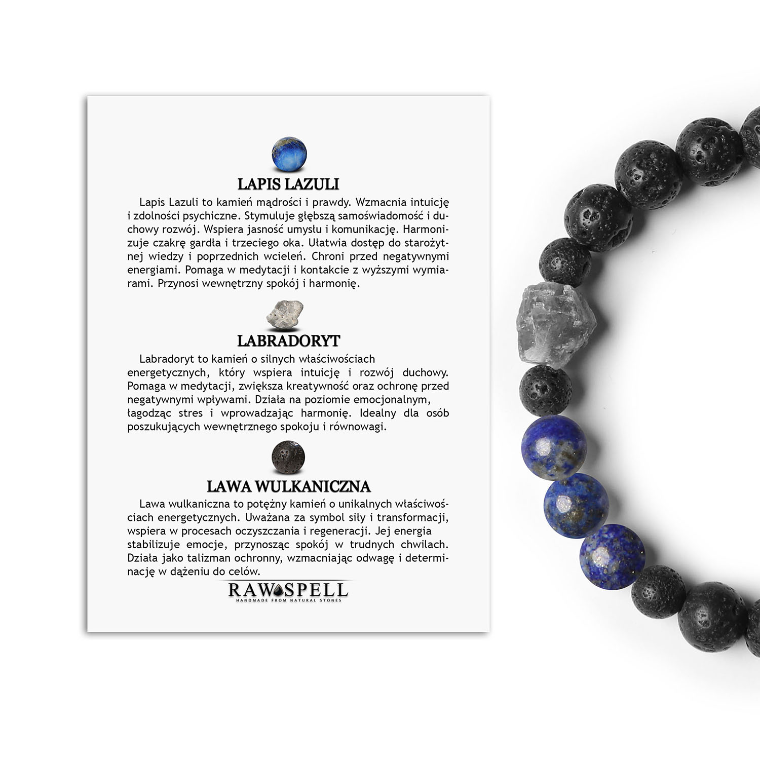 Bransoletka Derdr z Lapis Lazuli, Labradorytem i lawą wulkaniczną. Doskonałe kamienie naturalne dla każdego Stylowa bransoletka z kolekcji Derdr z lapisem lazuli, labradorytem i lawą wulkaniczną, stworzona z myślą o eleganckich mężczyznach i kobietach.