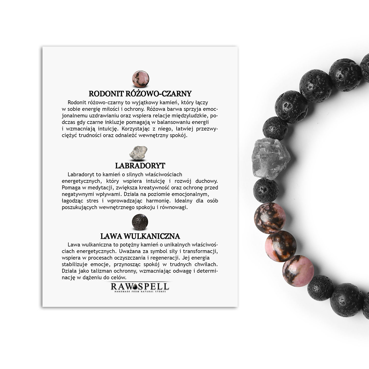 Bransoletka Derdr z Rodonitem, Labradorytem i Lawą Wulkaniczną. Idealna dla kobiet i mężczyzn. Naturalne piękno Stylowa bransoletka Derdr z rodonitem, labradorytem i lawą wulkaniczną - unisex, stworzona z myślą o miłośnikach biżuterii z naturalnych kamieni.