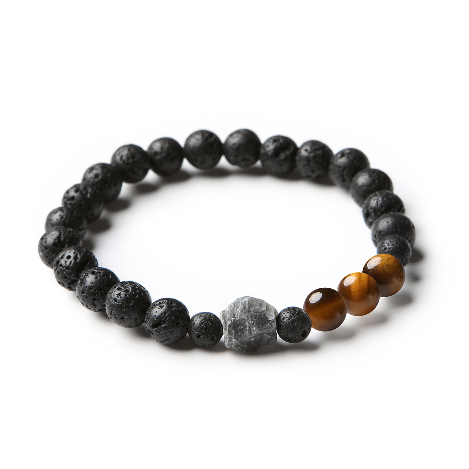 Bransoletka Derdr z tygrysiego oka, labradorytu i lawy wulkanicznej, stworzona z myślą o stylu damskim i męskim.