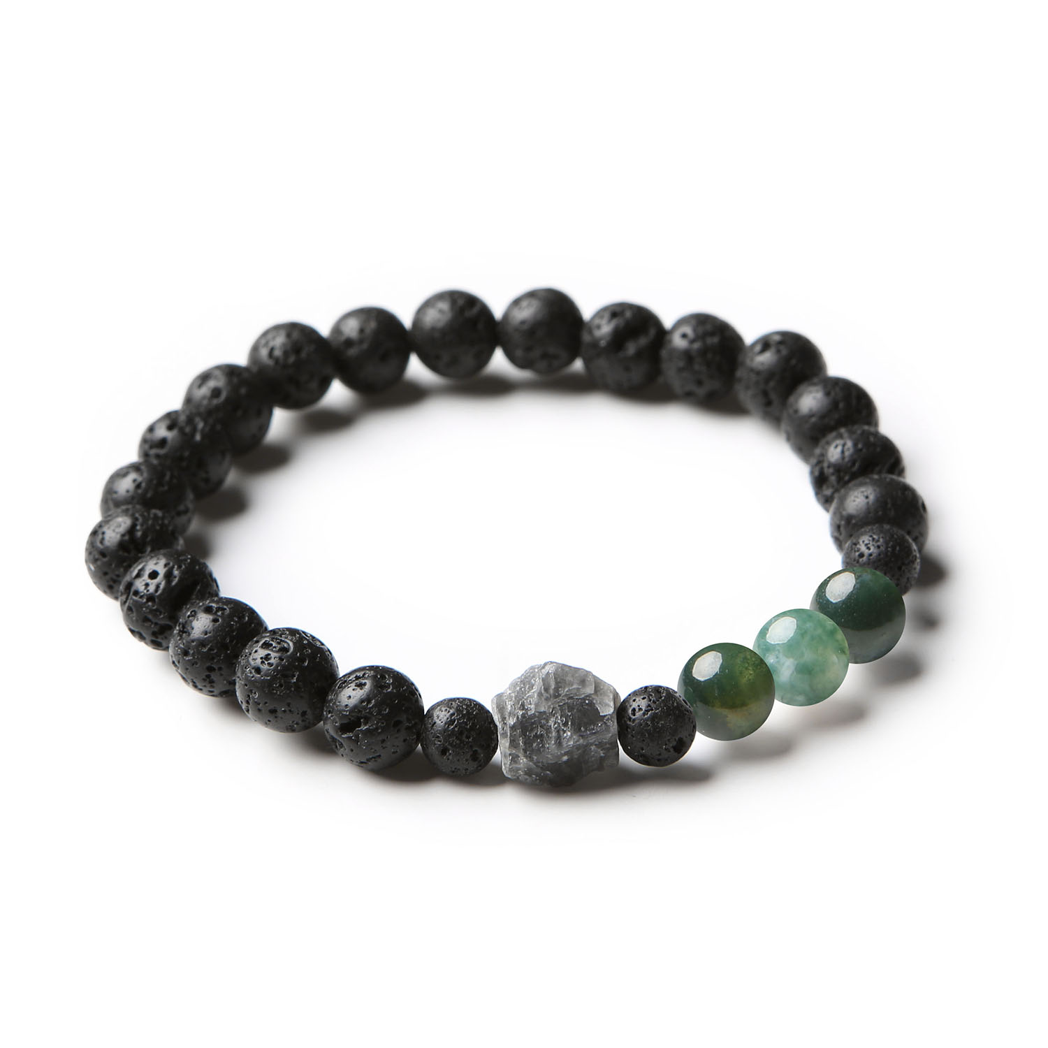 Stylowa bransoletka z kolekcji Derdr, wykonana z agatów mszystych, labradorytów i lawy wulkanicznej – idealna dla każdego.