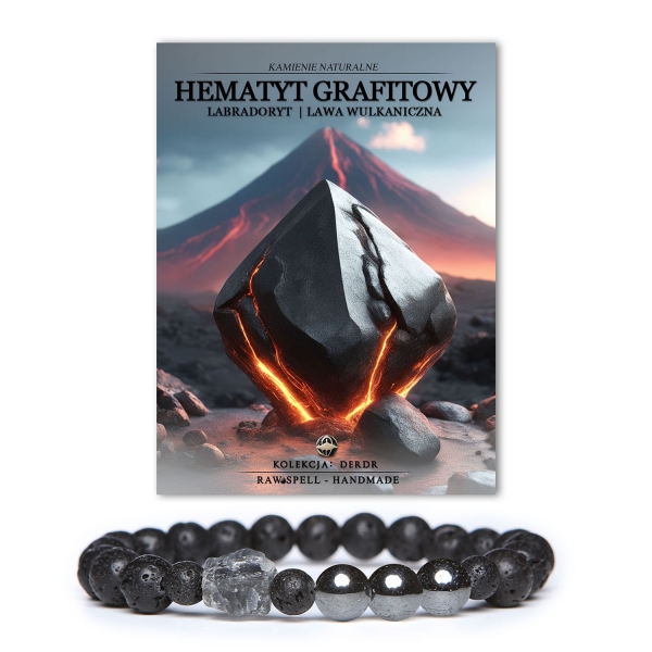 Bransoletka Derdr z naturalnych kamieni: hematyt grafitowy, labradoryt i lawa wulkaniczna, doskonała na każdą okazję dla kobiet i mężczyzn.