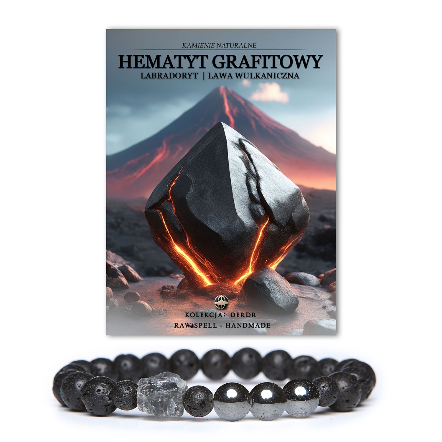 Bransoletka Derdr z naturalnych kamieni: hematyt grafitowy, labradoryt i lawa wulkaniczna, doskonała na każdą okazję dla kobiet i mężczyzn.