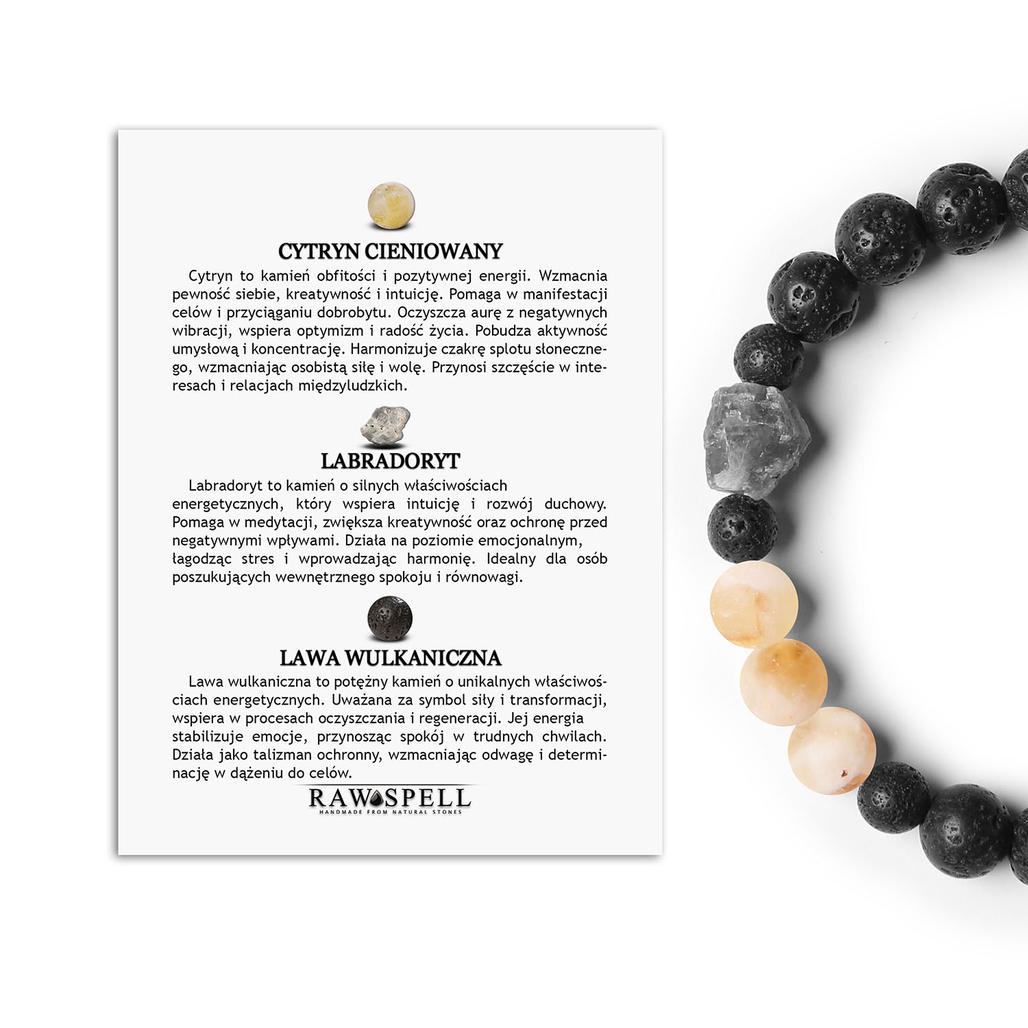 Bransoletka Derdr z naturalnych kamieni cytryn cieniowany, labradoryt i lawa wulkaniczna. Doskonały wybór dla niej i dla niego Stylowa bransoletka Derdr z naturalnymi kamieniami: cytryn cieniowany, labradoryt i lawa wulkaniczna - idealna dla pań i panów.