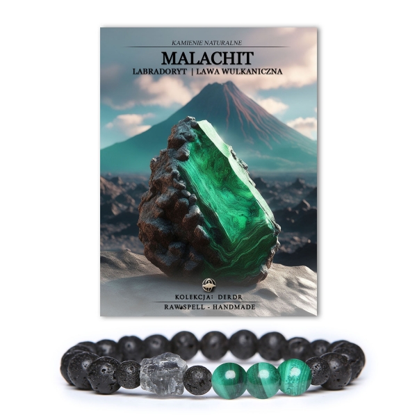 Elegancka bransoletka Derdr z kombinacją kamieni malachitu, labradorytu i lawy wulkanicznej, unisex, doskonała na każdą okazję.