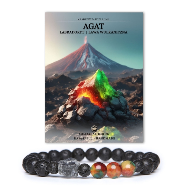 Unikalna bransoletka z kolekcji Derdr, zdobiona kolorowymi agatami, labradorytem i lawą wulkaniczną - doskonały wybór dla każdego miłośnika biżuterii.