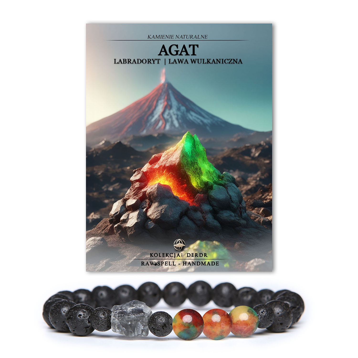 Unikalna bransoletka z kolekcji Derdr, zdobiona kolorowymi agatami, labradorytem i lawą wulkaniczną - doskonały wybór dla każdego miłośnika biżuterii.
