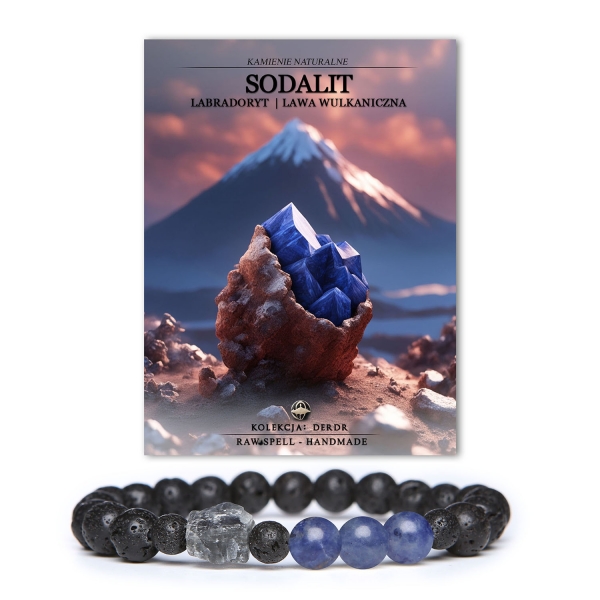Bransoletka Derdr z kamieniami sodalitem, labradorytem i lawą wulkaniczną, doskonała dla miłośników biżuterii z naturalnych surowców.