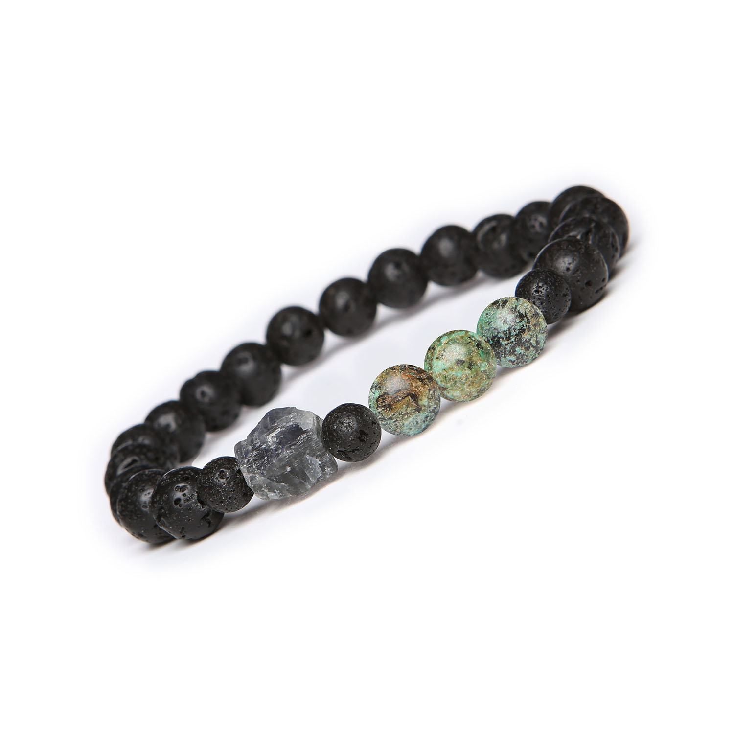 Bransoletka Derdr z turkusu afrykańskiego, labradorytu i lawy wulkanicznej. Naturalne kamienie dla kobiet i mężczyzn Bransoletka Derdr z kamieniami naturalnymi: turkus afrykański, labradoryt i lawa wulkaniczna, idealna dla kobiet i mężczyzn, dodająca charakteru każdej stylizacji.