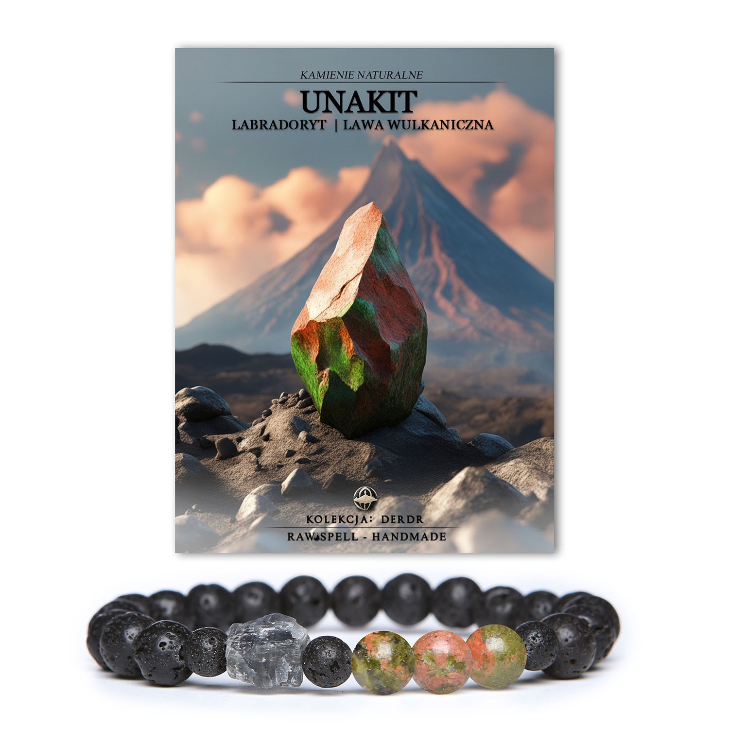 Bransoletka Derdr z lawy wulkanicznej, unakitu i labradorytu – modne akcesorium z naturalnych kamieni dla pań i panów.