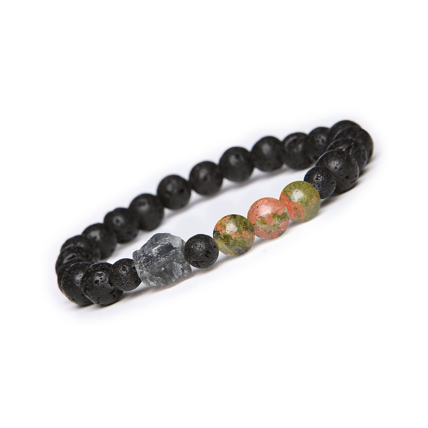 Bransoletka Derdr z unakitem, labradorytem i lawą wulkaniczną. Naturalne kamienie dla kobiet i mężczyzn. Dodaj stylu już dziś Elegancka bransoletka z naturalnych kamieni: unakit, labradoryt i lawa wulkaniczna, z kolekcji Derdr, unisex.