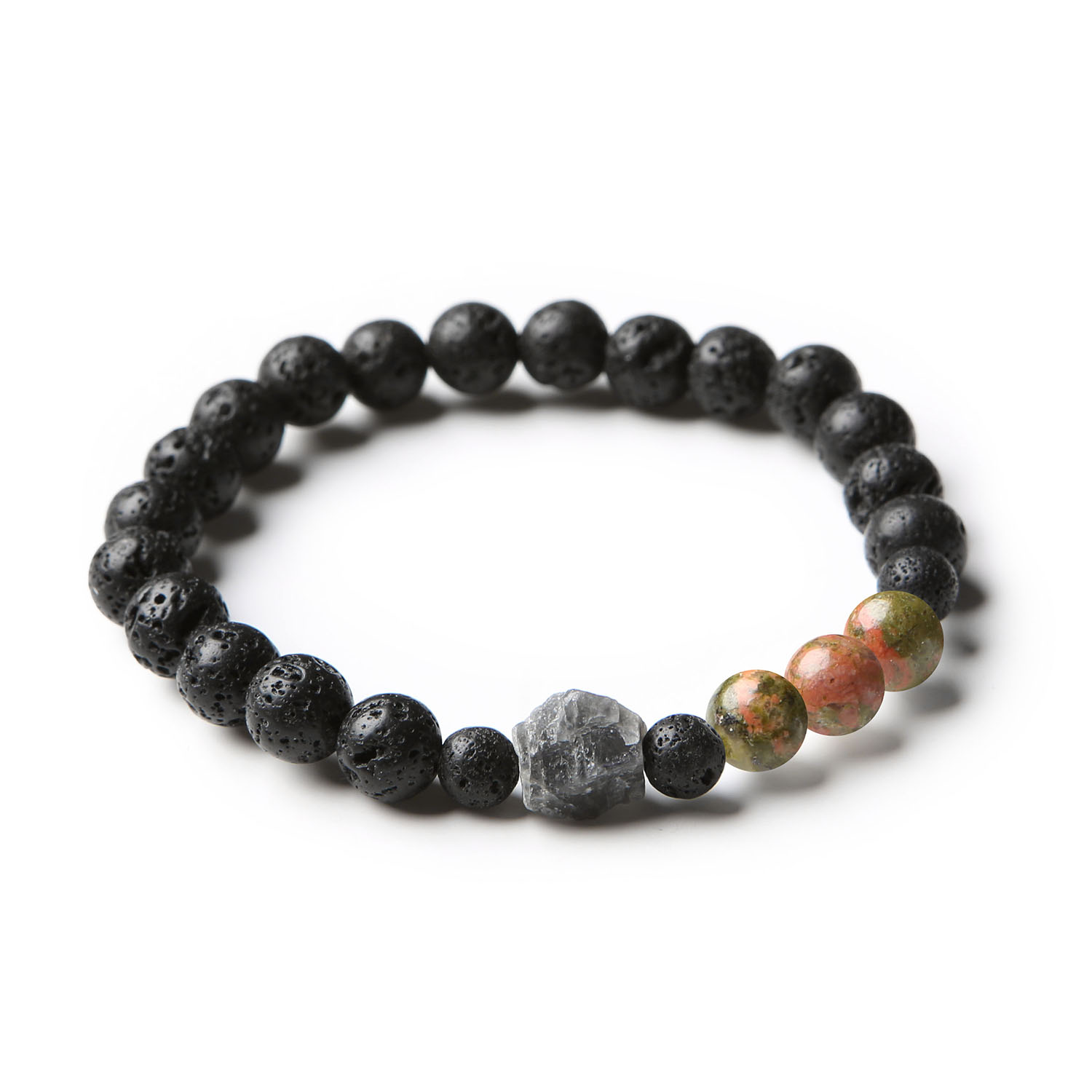 Stylowa bransoletka Derdr z unakitem, labradorytem i lawą wulkaniczną, idealna dla mężczyzn i kobiet, wykonana z naturalnych kamieni.