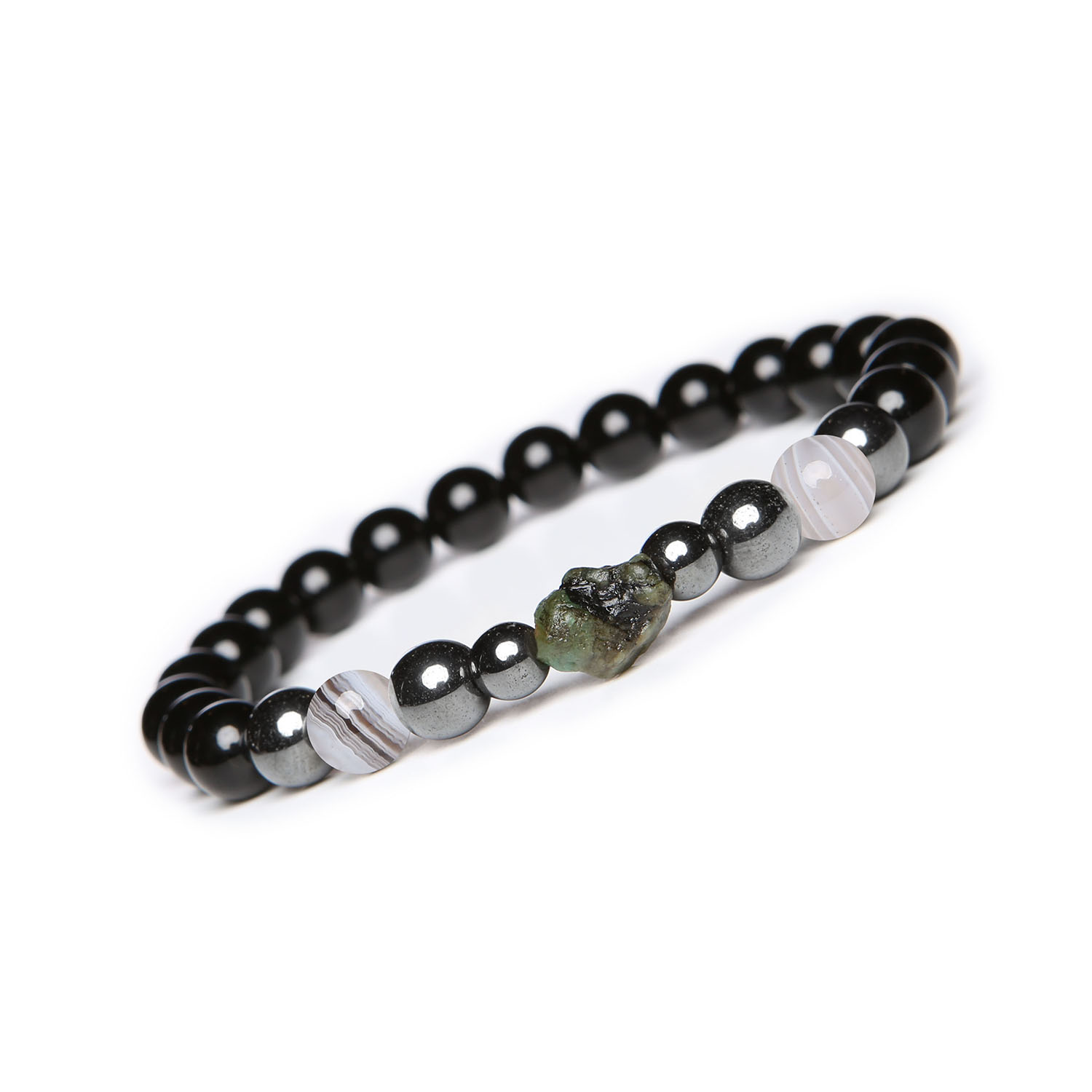 Bransoletka Elai Agat Botswana, szmaragd, onyks i hematyt grafitowy. Damska i męska, idealna na każdą okazję Stylowa bransoletka z kolekcji Elai, łącząca Agat Botswana, Szmaragd, Onyks oraz Hematyt Grafitowy – idealna dla każdego.