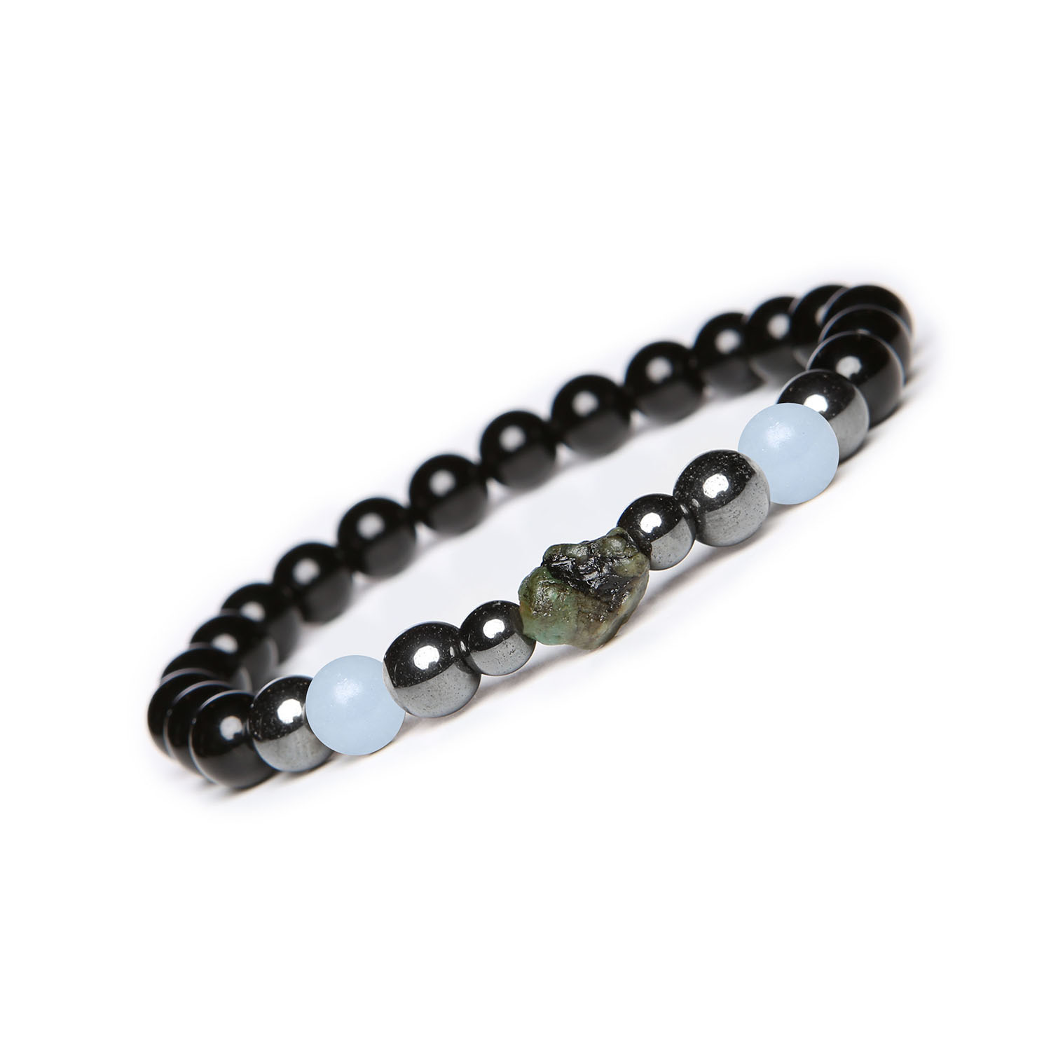 Bransoletka Elai Angelit Peru, szmaragd, onyks, hematyt grafitowy. Idealna dla Niej i Niego Bransoletka Elai dla kobiet i mężczyzn, stworzona z angelitu z Peru, szmaragdu, onyksu i hematytu grafitowego, łącząca elegancję z unikalnym stylem.