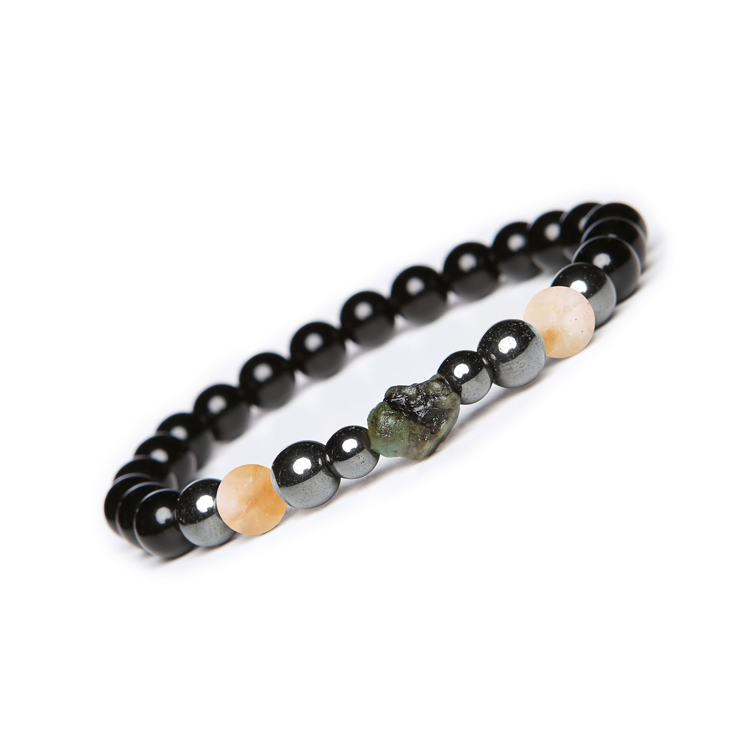 Bransoletka Elai Cytryn Cieniowany, Szmaragd, Onyks, Hematyt Grafitowy - elegancja dla niego i dla niej Stylowa bransoletka z kolekcji Elai, zdobiona cytrynem cieniowanym, szmaragdem, onyksem i hematytem grafitowym. Idealna dla kobiet i mężczyzn.