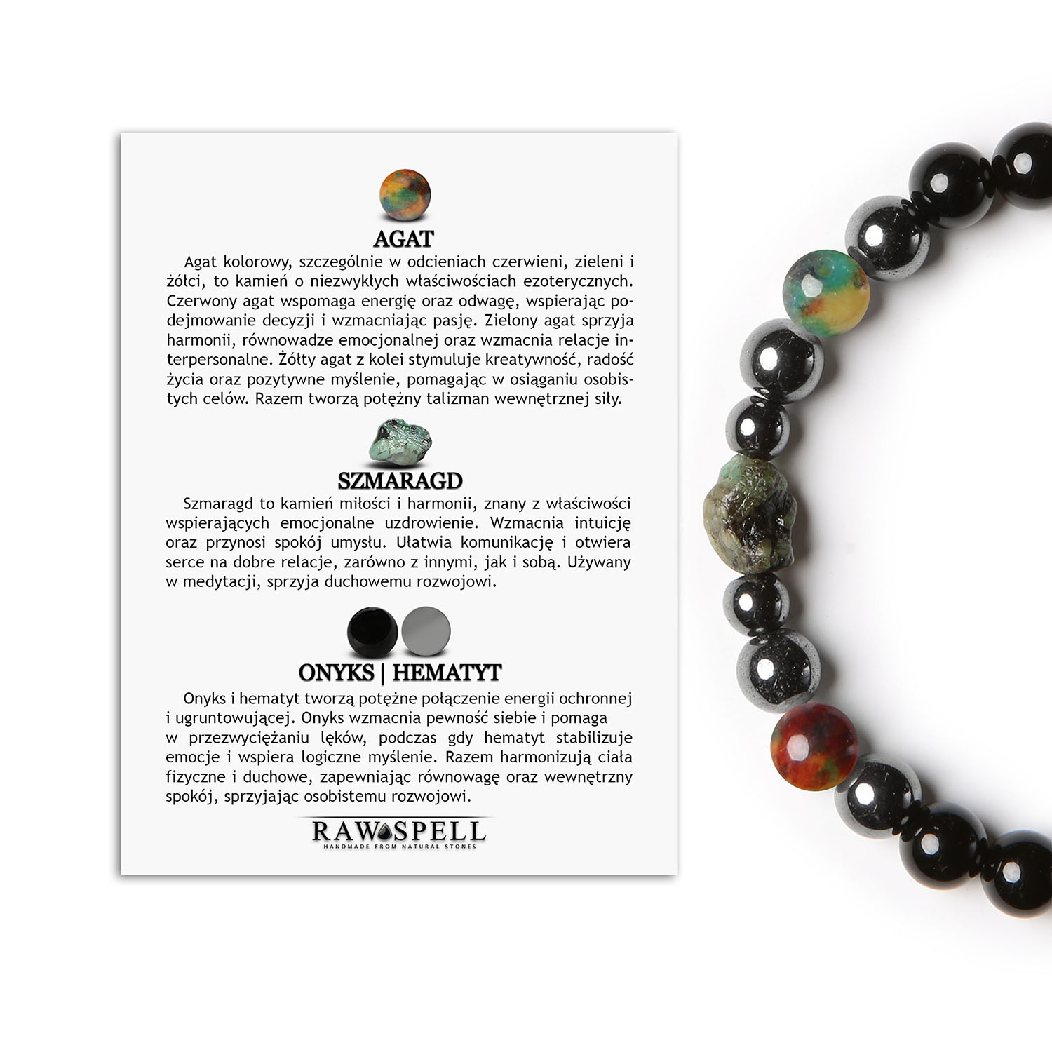 Bransoletka Elai Czerwony, zielony i żółty agat, szmaragd oraz onyks. Dla kobiet i mężczyzn Damska i męska bransoletka z kolekcji Elai, ozdobiona agatami, szmaragdami, grafitowym hematytem i onyksami, modne akcesorium na co dzień.