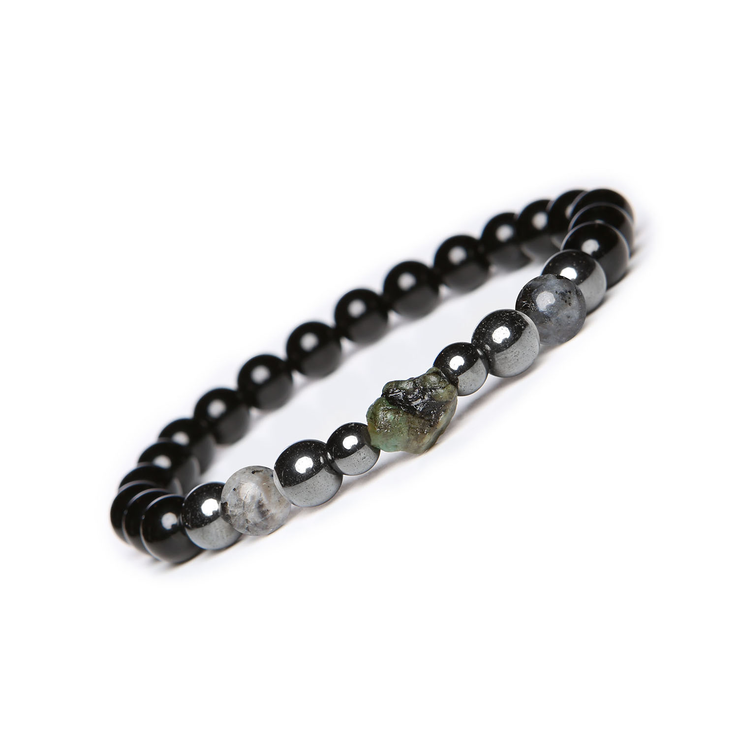 Bransoletka Elai Larvikit, Szmaragd, Onyks, Hematyt Grafitowy - unikalny dodatek dla każdego Damska i męska bransoletka Elai z larvikitu, szmaragdu, onyksu oraz hematytu grafitowego - odkryj piękno naturalnych materiałów.