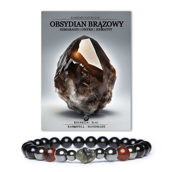 Damska i męska bransoletka Elai z brązowym obsydianem, szmaragdem, onyksami oraz grafitowym hematytem - idealna biżuteria na każdą okazję.