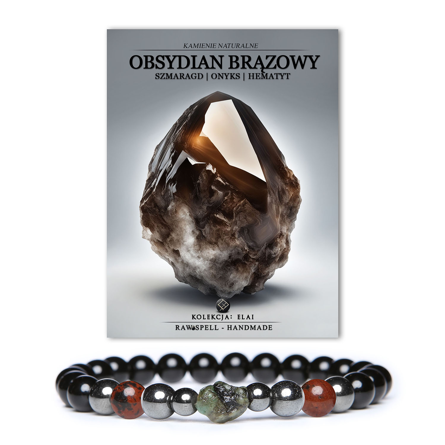 Damska i męska bransoletka Elai z brązowym obsydianem, szmaragdem, onyksami oraz grafitowym hematytem - idealna biżuteria na każdą okazję.