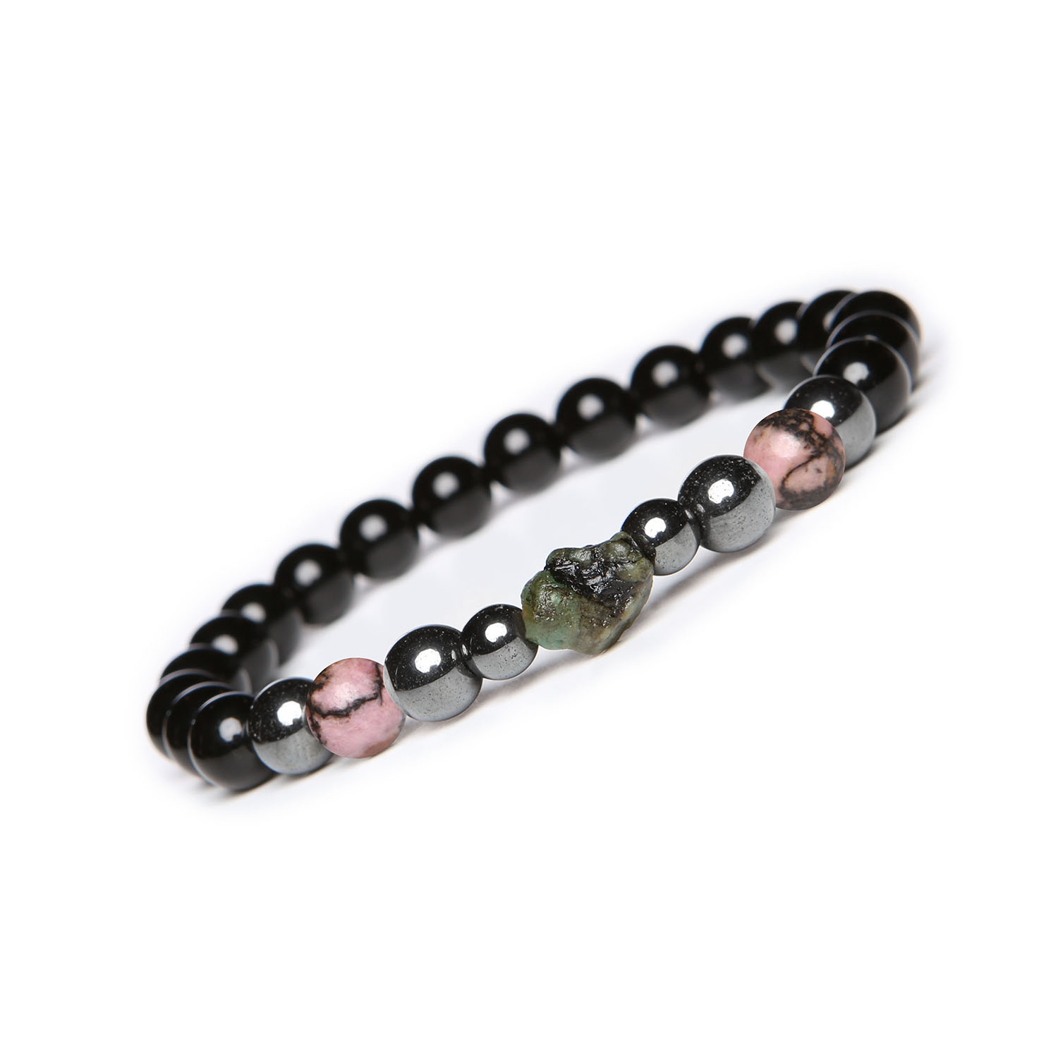 Bransoletka Elai Rodonit Różowo-Czarny, Szmaragd, Onyks, Hematyt Grafitowy - Damska i Męska Damska i męska bransoletka z kolekcji Elai, wykonana z rodonitu różowo-czarnego, szmaragdu, onyksu oraz hematytu grafitowego, doskonała na każdą okazję.
