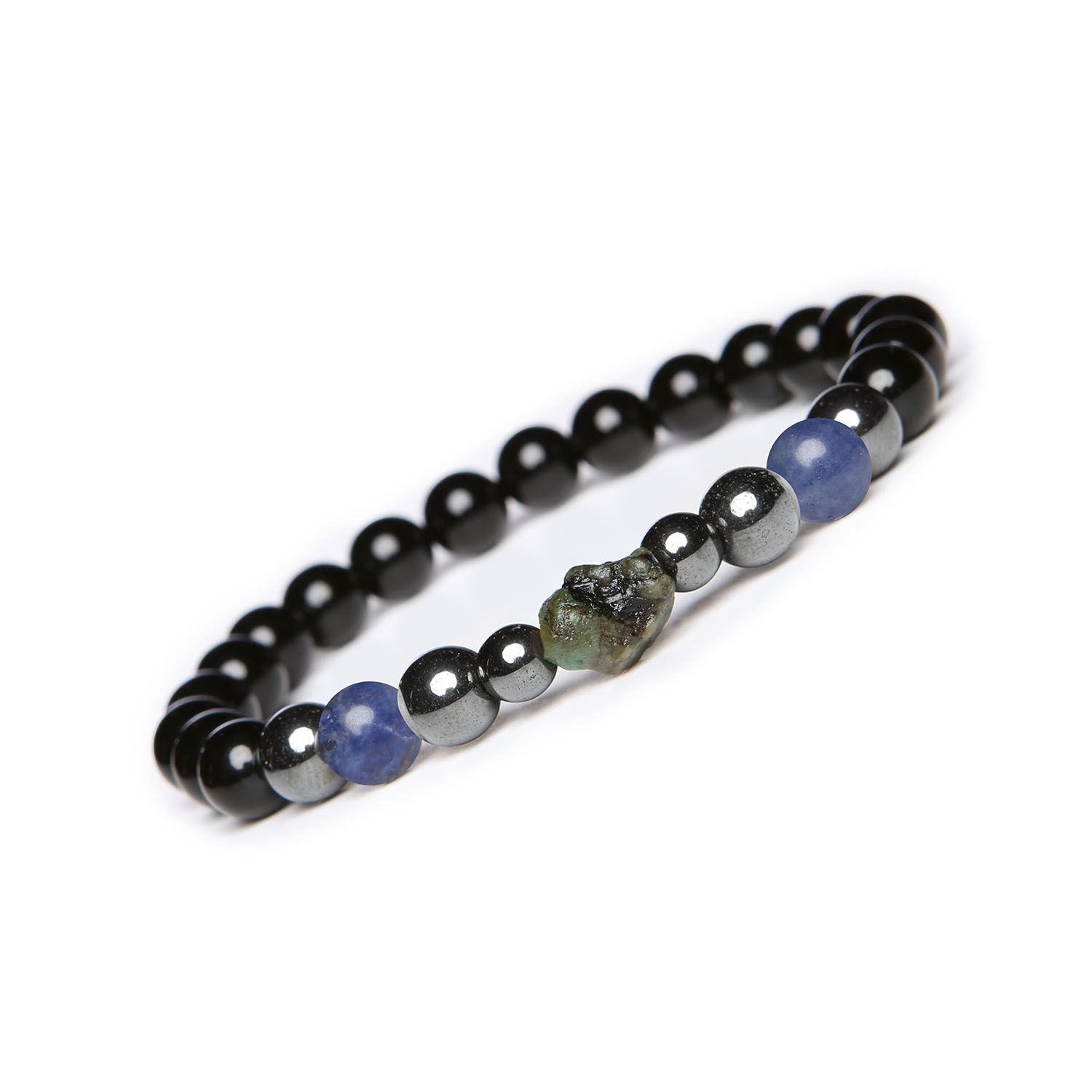 Bransoletka Elai Sodalit, Szmaragd, Onyks, Hematyt. Idealna dla kobiet i mężczyzn. Odkryj nowy styl Bransoletka Elai w wersji unisex, ozdobiona sodalitem, szmaragdem, onyksami i grafitowym hematytem, idealna dla kobiet i mężczyzn.