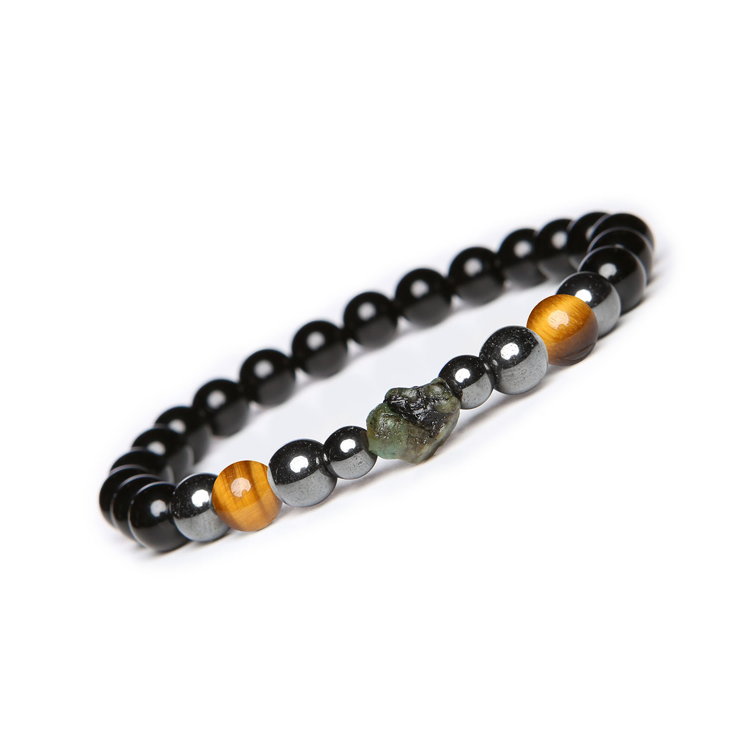 Bransoletka Elai Tygrysie Oko, Szmaragd, Onyks, Hematyt Grafitowy - elegancja dla kobiet i mężczyzn Unikalna bransoletka z kolekcji Elai, wykonana z tygrysiego oka, szmaragdu, onyksu i hematytu grafitowego, stylowa dla obu płci.