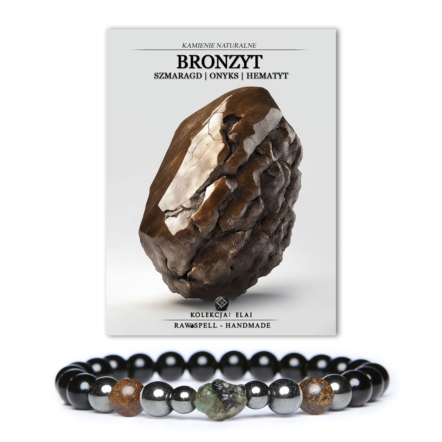 Stylowa bransoletka z kolekcji Elai, łącząca bronzyt, szmaragd, onyks oraz hematyt grafitowy, dostępna zarówno dla pań, jak i panów.