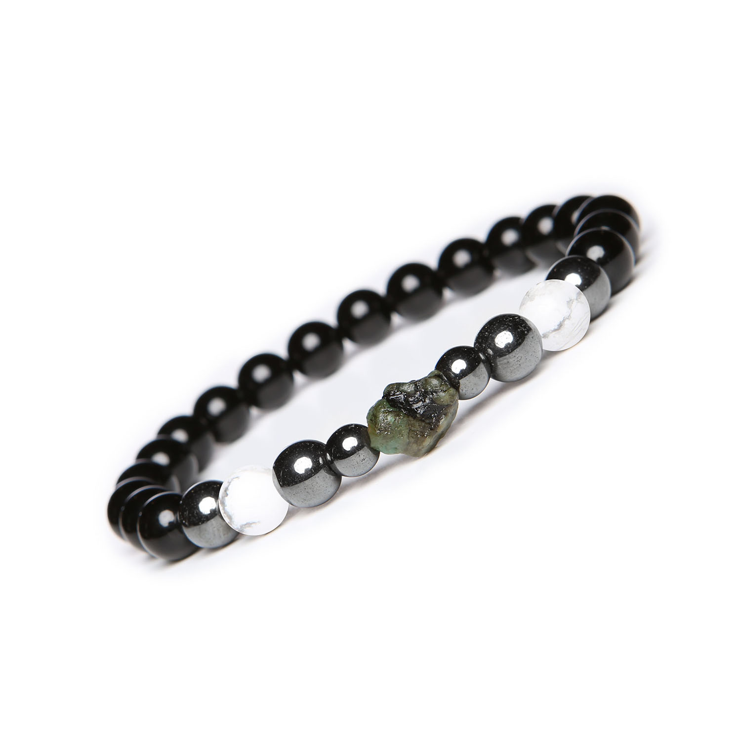 Bransoletka Elai jak Howlit, Szmaragd, Onyks i Hematyt Grafitowy - styl dla niej i dla niego Stylowa bransoletka Elai z howlitem, szmaragdem, onyksami i hematytem grafitowym, dostępna w wersjach dla pań i panów.