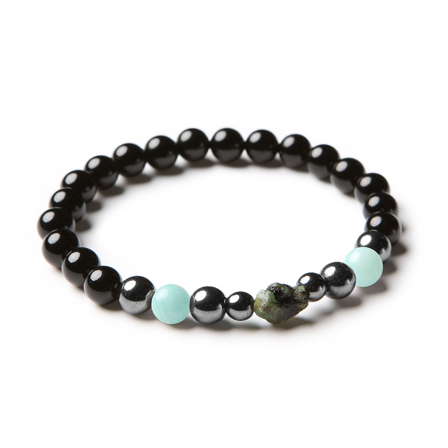 Elegancka bransoletka Elai z jasnym amazonitem, szmaragdem, onyksami i grafitowym hematytem, idealna dla kobiet i mężczyzn.