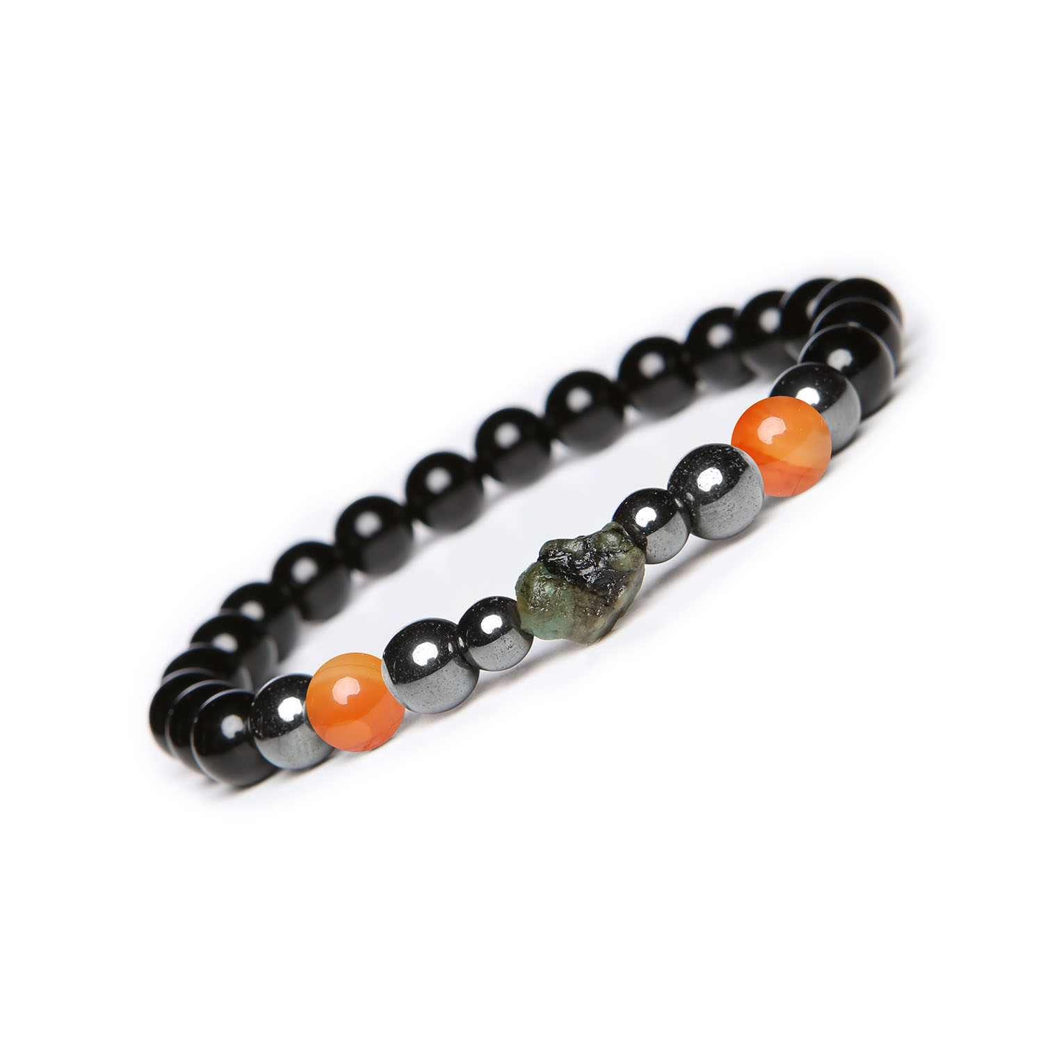 Bransoletka Elai karneol, szmaragd, onyks, hematyt grafitowy – elegancka biżuteria dla niego i niej Uniwersalna bransoletka Elai z karneolu, szmaragdu, onyksu i hematytu grafitowego, dostępna w wersji damskiej i męskiej.