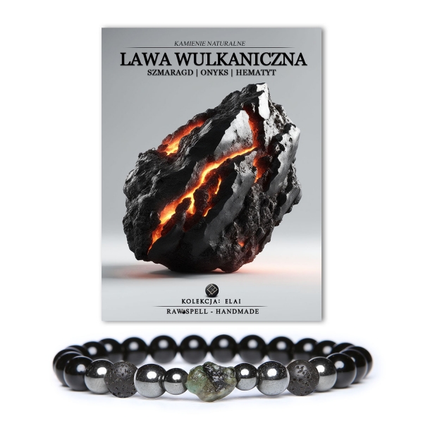 Bransoletka z kolekcji Elai, łącząca lawę wulkaniczną z szmaragdem, onyksem i hematytem grafitowym - unikalny dodatek dla kobiety i mężczyzny.