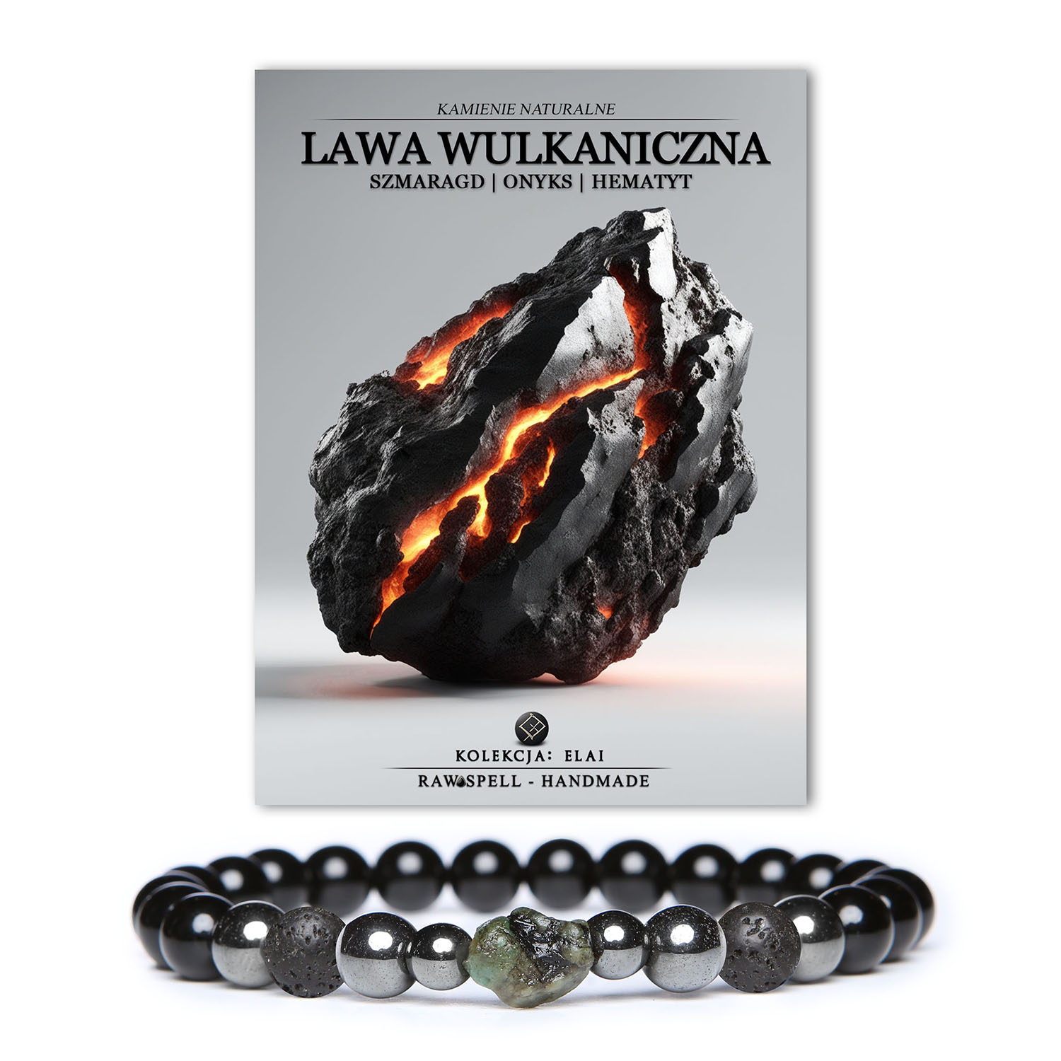 Bransoletka z kolekcji Elai, łącząca lawę wulkaniczną z szmaragdem, onyksem i hematytem grafitowym - unikalny dodatek dla kobiety i mężczyzny.
