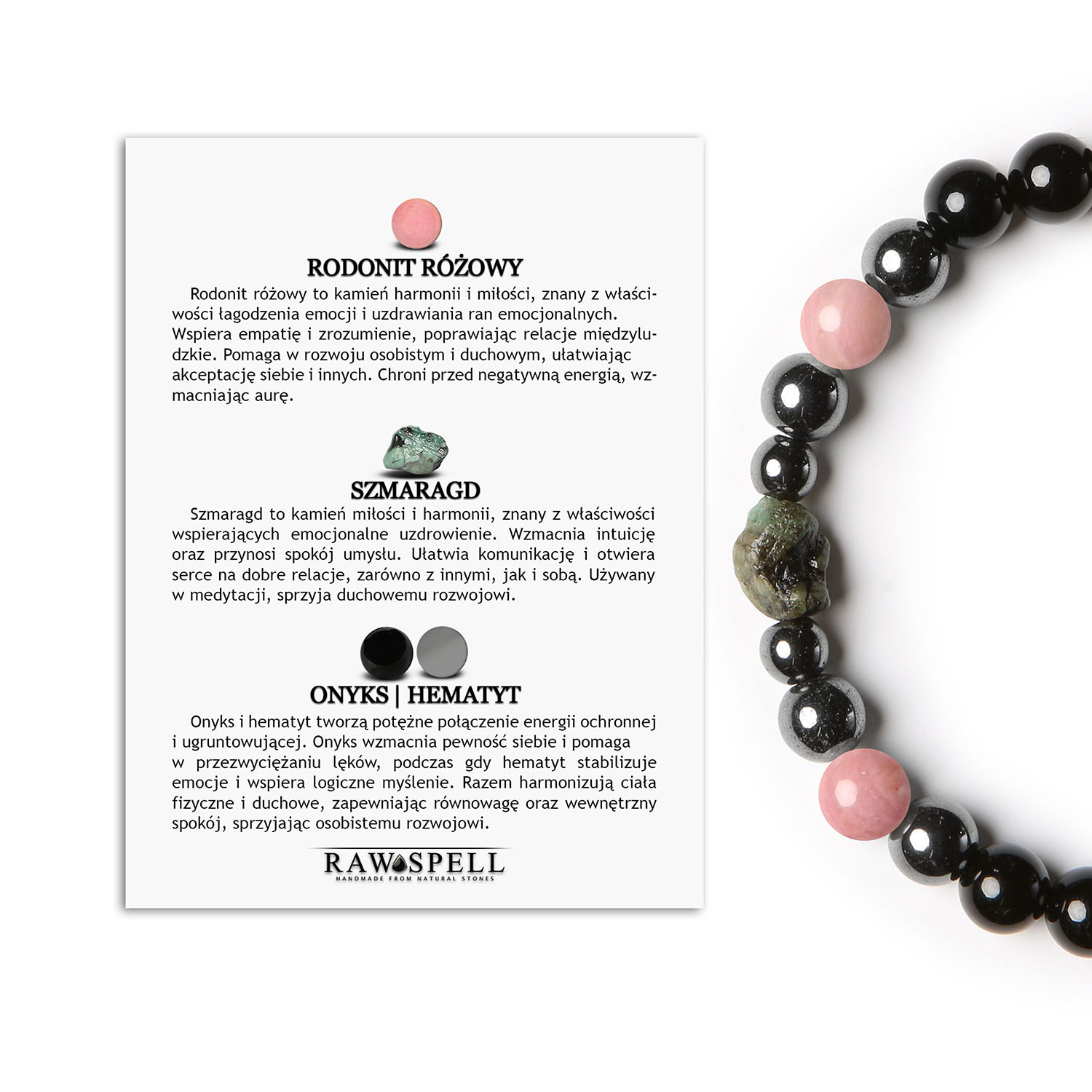 Bransoletka Elai połączenie rodonitu, szmaragdu, onyksu i hematytu - luksusowy akcent dla każdego Bransoletka damska i męska z kolekcji Elai, z różowym rodonitem, szmaragdem, onyksem i hematytem grafitowym, doskonała na każdą okazję.