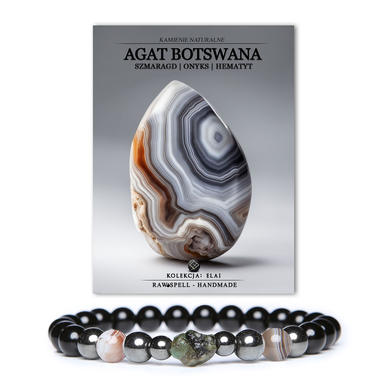 Bransoletka unisex Elai z kamieniami szlachetnymi: Agatem Botswana, Szmaragdem, Onyksami i Hematytem Grafitowym.