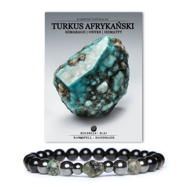 Unikalna bransoletka Elai z turkusu afrykańskiego, szmaragdu, onyksu oraz hematytu grafitowego, dostępna w wersji dla kobiet i mężczyzn.