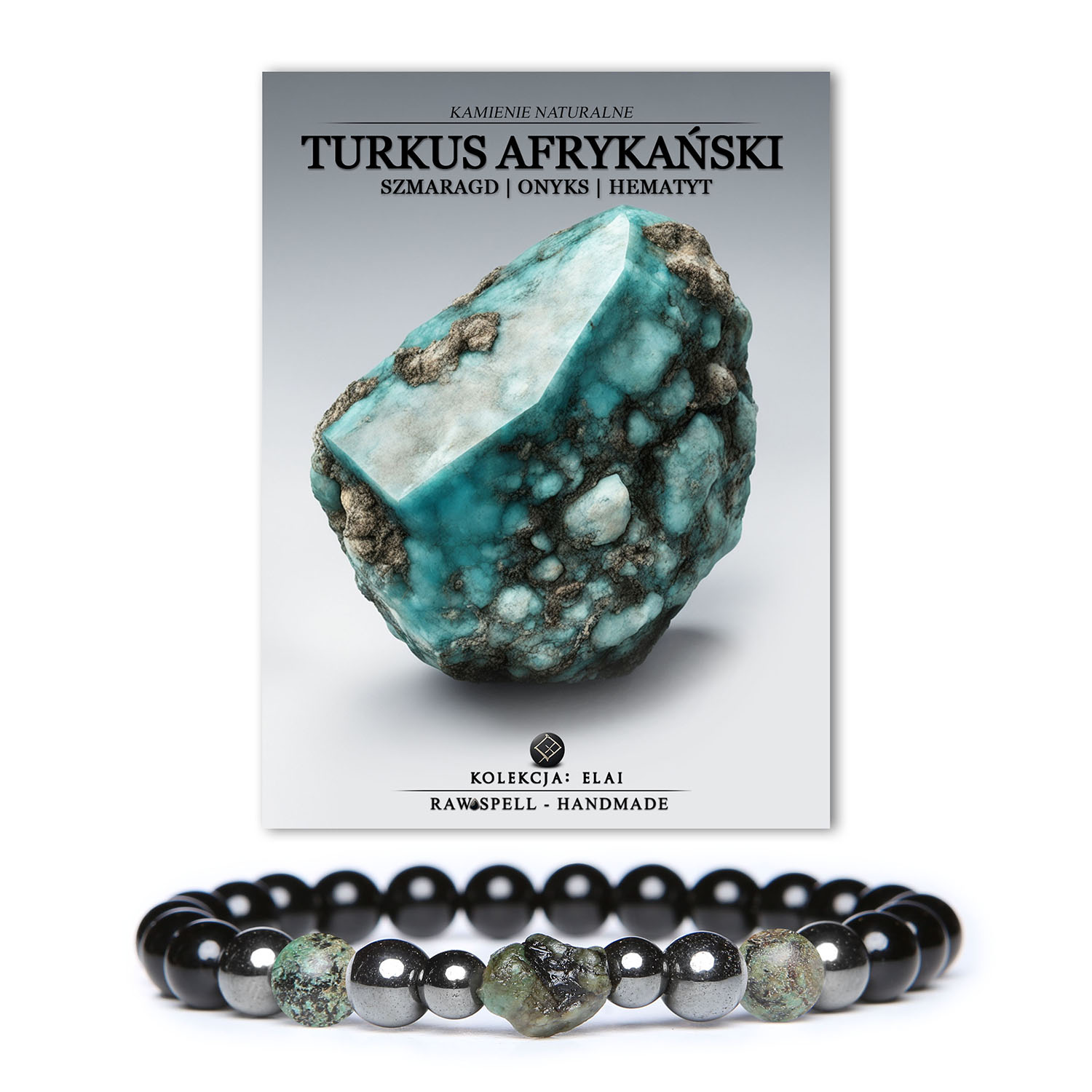 Unikalna bransoletka Elai z turkusu afrykańskiego, szmaragdu, onyksu oraz hematytu grafitowego, dostępna w wersji dla kobiet i mężczyzn.