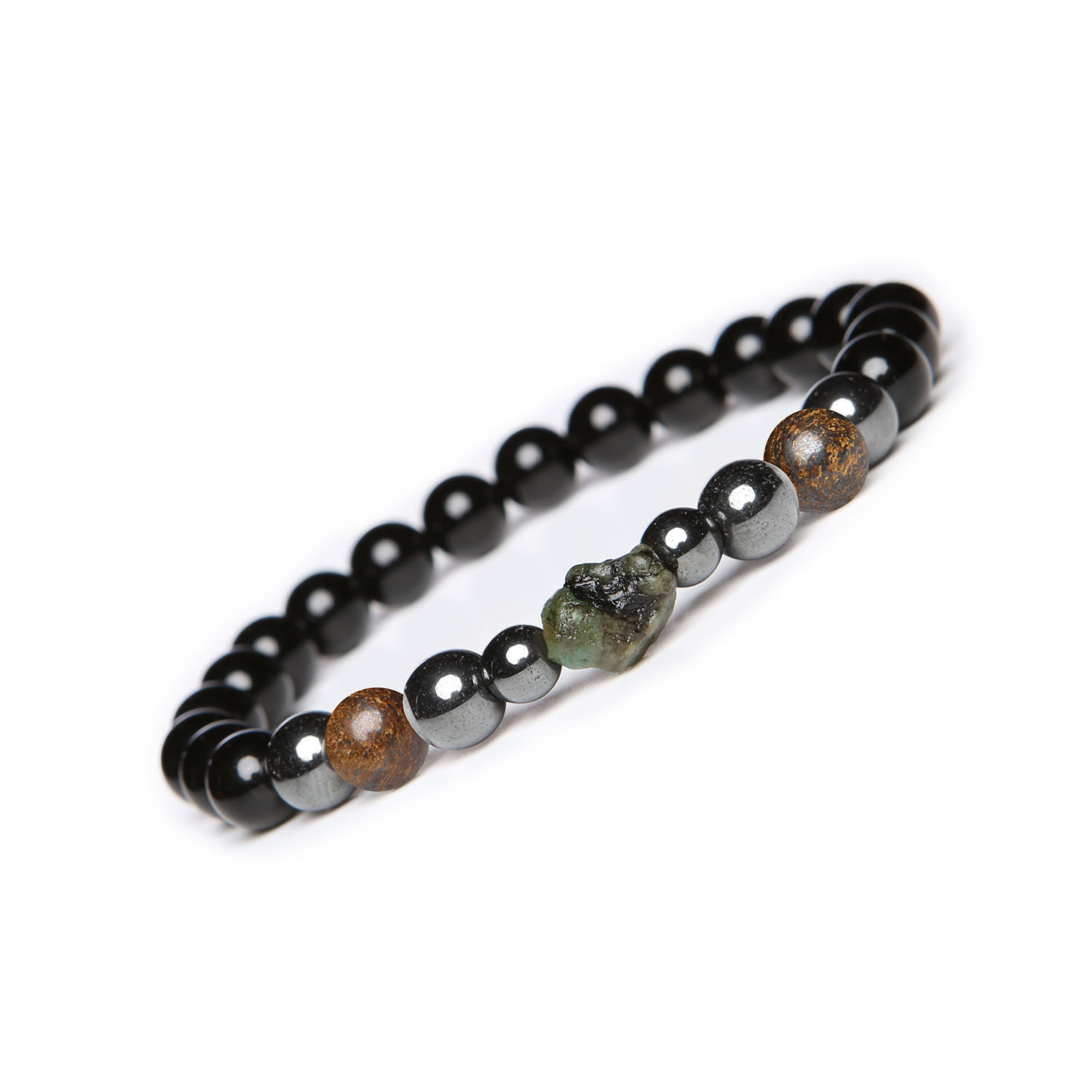 Bransoletka Elai w eleganckim połączeniu bronzytu, szmaragdu, onyksu i hematytu. Unisex Bransoletka Elai w odcieniach bronzytu, szmaragdu, onyksu i hematytu grafitowego, unisex – doskonały dodatku dla każdej osoby.