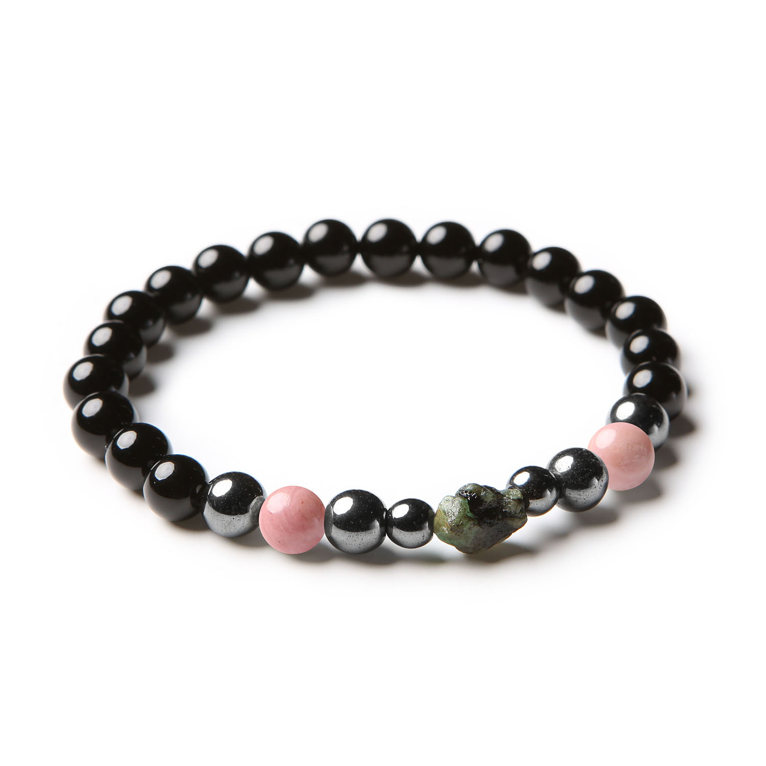 Elegancka bransoletka z kolekcji Elai, ozdobiona kamieniami: rodonit różowy, szmaragd, onyx oraz hematyt grafitowy, dostępna dla obu płci.