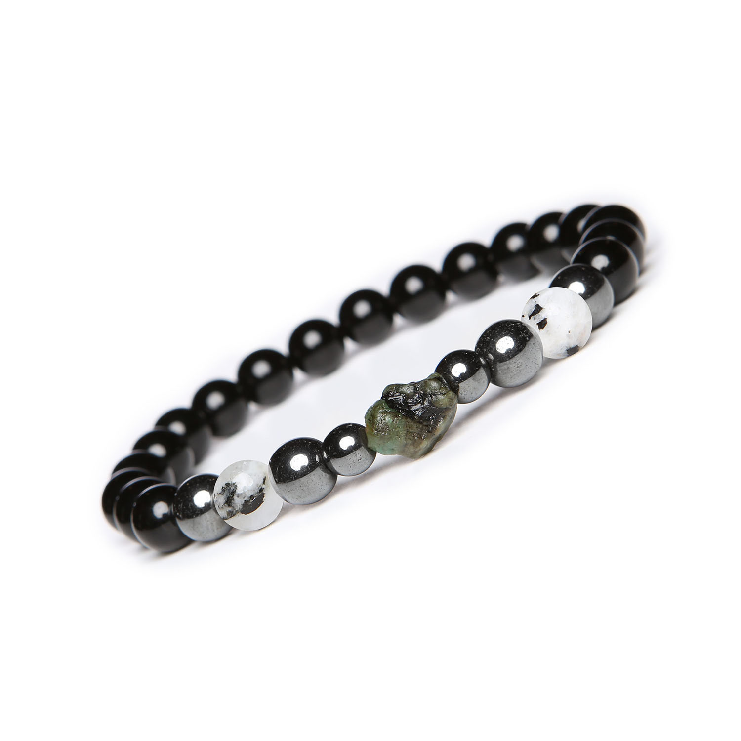 Bransoletka Elai z Kamieniem Księżycowym, Szmaragdem, Onyksami i Hematytami - idealna na każdą okazję Elegancka bransoletka Elai z różnorodnymi kamieniami: księżycowym łaciatym, szmaragdem, onyksami i hematytem grafitowym, dostępna dla kobiet i mężczyzn.