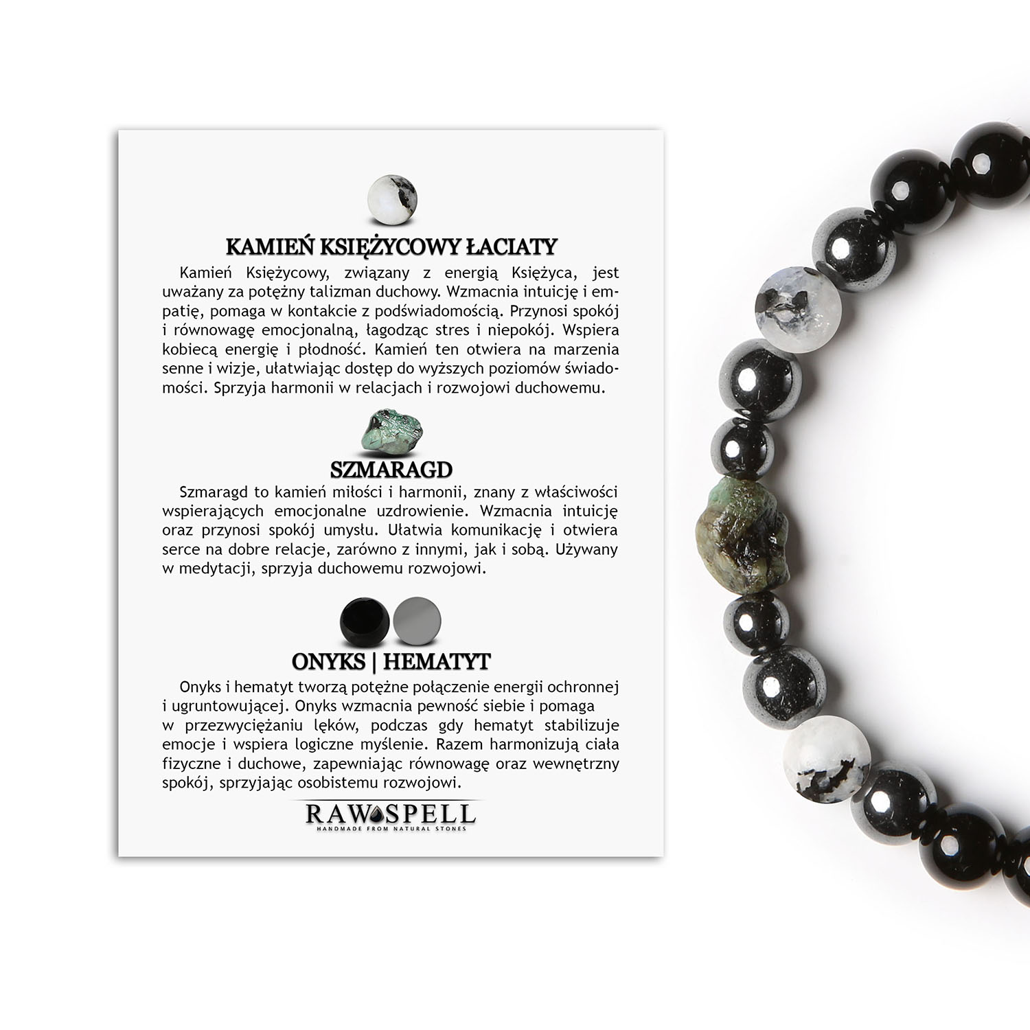 Bransoletka Elai z Kamieniem Księżycowym, Szmaragdem i Onyksami - ponadczasowy styl dla niej i dla niego Stylowa bransoletka Elai zdobiona kamieniem księżycowym łaciatym, szmaragdem, onyksami oraz hematytem grafitowym, uniwersalna dla obu płci.