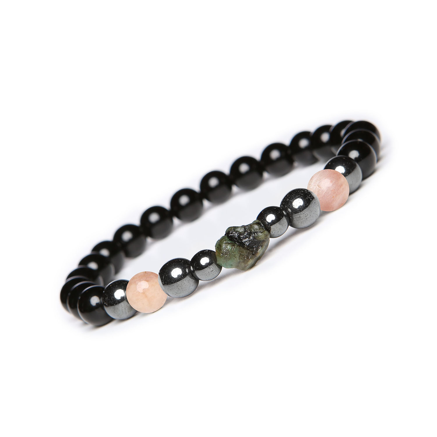 Bransoletka Elai z Kamieniem Słonecznym, Szmaragdem, Onyksą i Hematytem Grafitowym. Damska i męska Bransoletka z kolekcji Elai, zdobiona kamieniem słonecznym, szmaragdem, onyksem i hematytem grafitowym, w wersji dla kobiet i mężczyzn.