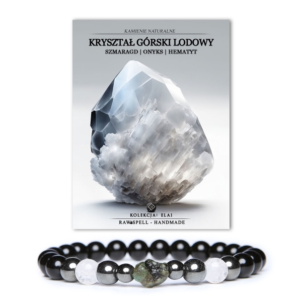 Bransoletka damska i męska z kolekcji Elai, wykonana z kryształu górskiego lodowego, szmaragdu, onyksu i hematytu grafitowego.