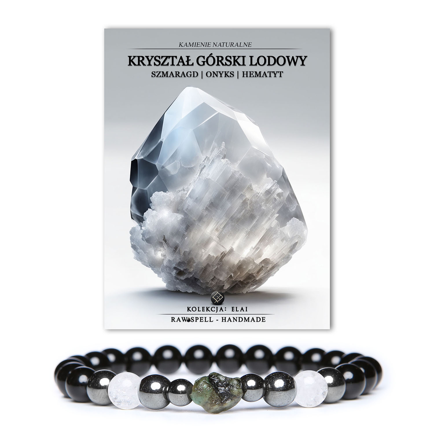 Bransoletka damska i męska z kolekcji Elai, wykonana z kryształu górskiego lodowego, szmaragdu, onyksu i hematytu grafitowego.