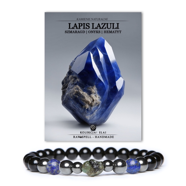 Damska i męska bransoletka z kolekcji Elai, ozdobiona lapis lazuli, szmaragdem, onyksem oraz hematytem grafitowym.