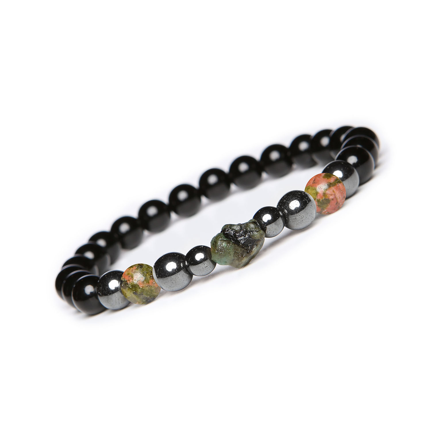 Bransoletka Elai z Unakitem, Szmaragdem, Onyks i Hematytem Grafitowym - idealna dla kobiet i mężczyzn Bransoletki Elai w kolorach unakitu, szmaragdu, onyksu i hematytu grafitowego, doskonałe na prezent dla kobiet i mężczyzn.