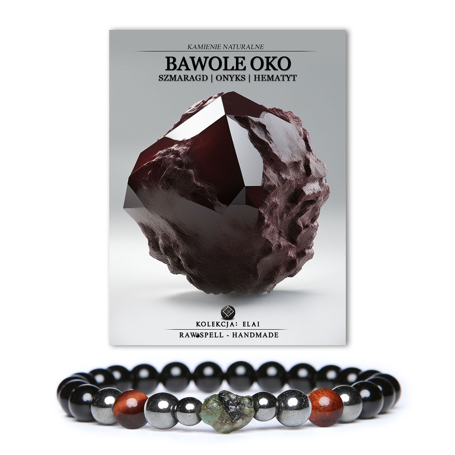 Unikalna bransoletka Elai z kamieniami Bawole Oko, Szmaragd, Onyks i Hematyt Grafitowy, idealna dla każdego.
