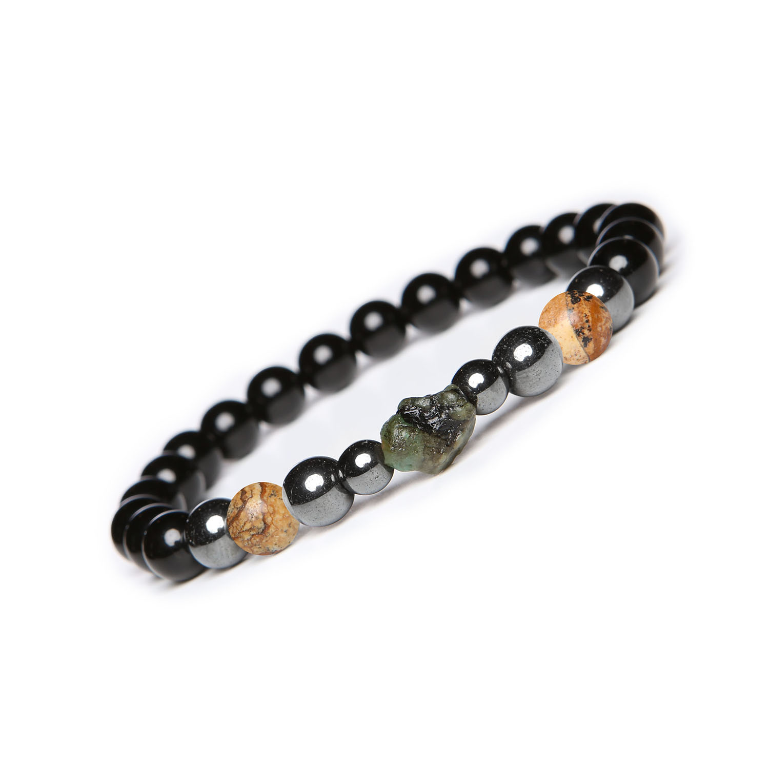 Bransoletka Elai z jaspisem obrazkowym, szmaragdem, onyks i hematytem – elegancja dla każdego Elegancka bransoletka Elai, ozdobiona jaspisem obrazkowym, szmaragdem, onyksami i hematytem grafitowym, dostępna w wersji damskiej i męskiej.