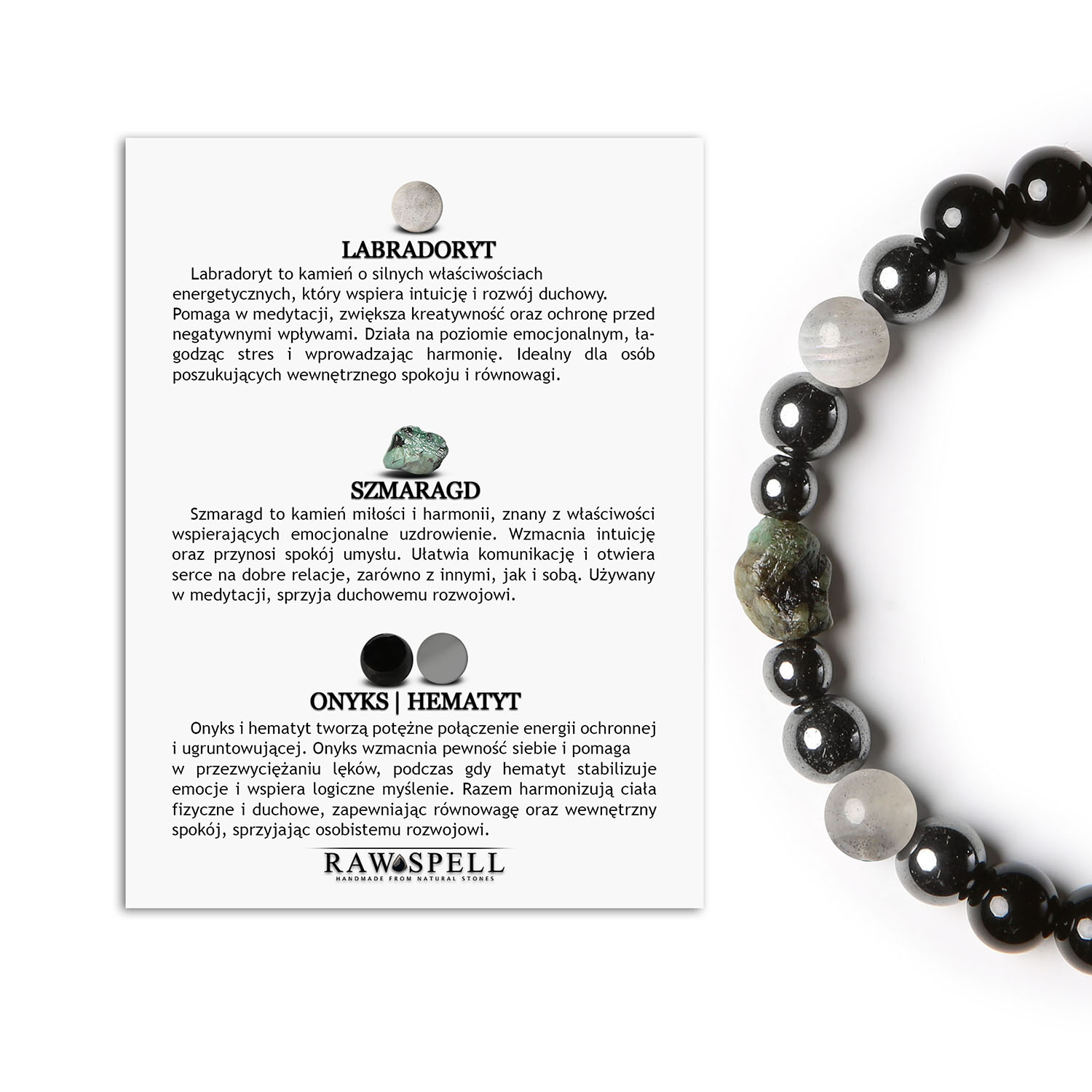 Bransoletka Elai z labradorytem, szmaragdem, onyksami i hematytem – stylowy wybór dla każdego Unikalna bransoletka z kolekcji Elai dla kobiet i mężczyzn, z kamieniami szlachetnymi: labradorytem, szmaragdem, onyksami i hematytem grafitowym.