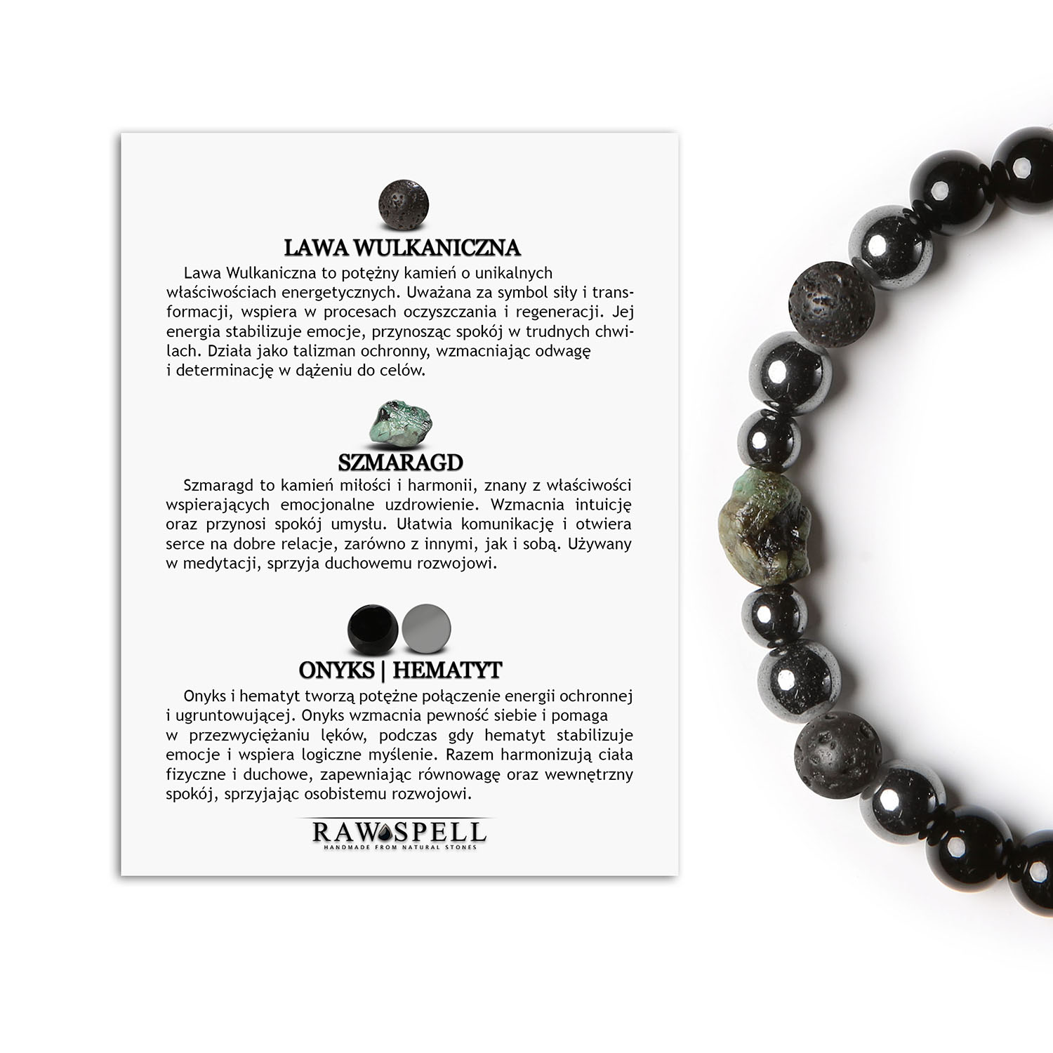 Bransoletka Elai z lawy wulkanicznej, szmaragdem i hematytem - wyjątkowy wybór na każdą okazję Elegancka bransoletka Elai z lawą wulkaniczną oraz kamieniami szlachetnymi: szmaragdem, onyks oraz grafitowym hematytem, przeznaczona dla obu płci.